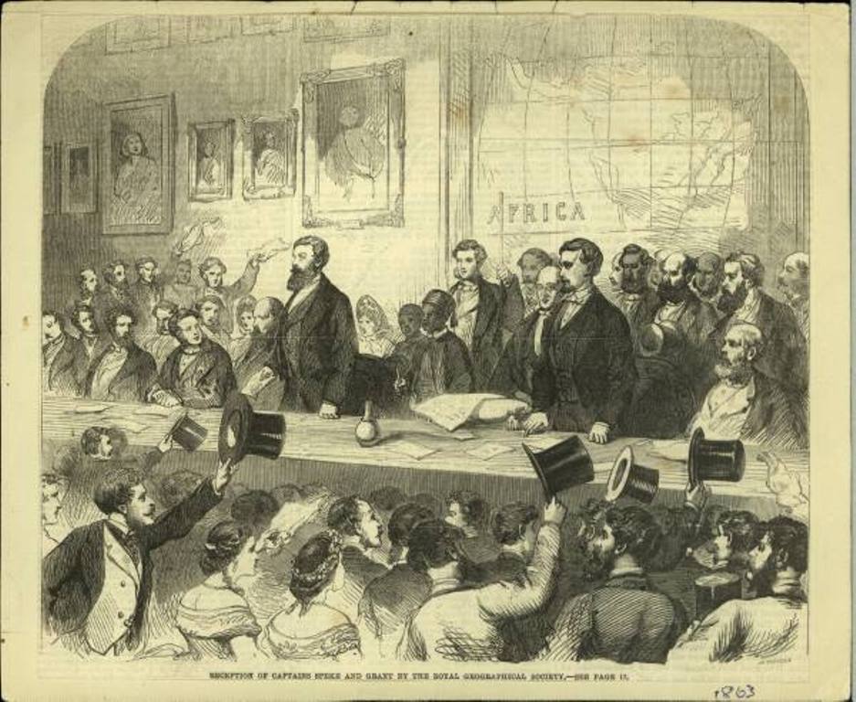 An engraving of Speke and James Augustus Grant addressing the members of the Royal Geographical Society after their triumphant return to London in 1863